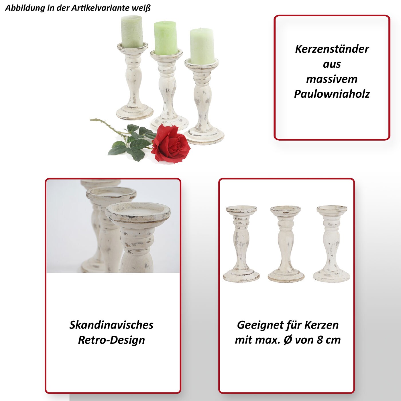 3er Set Kerzenständer H361, Kerzenhalter, Shabby-Look Vintage Höhe 24cm ~ grau
