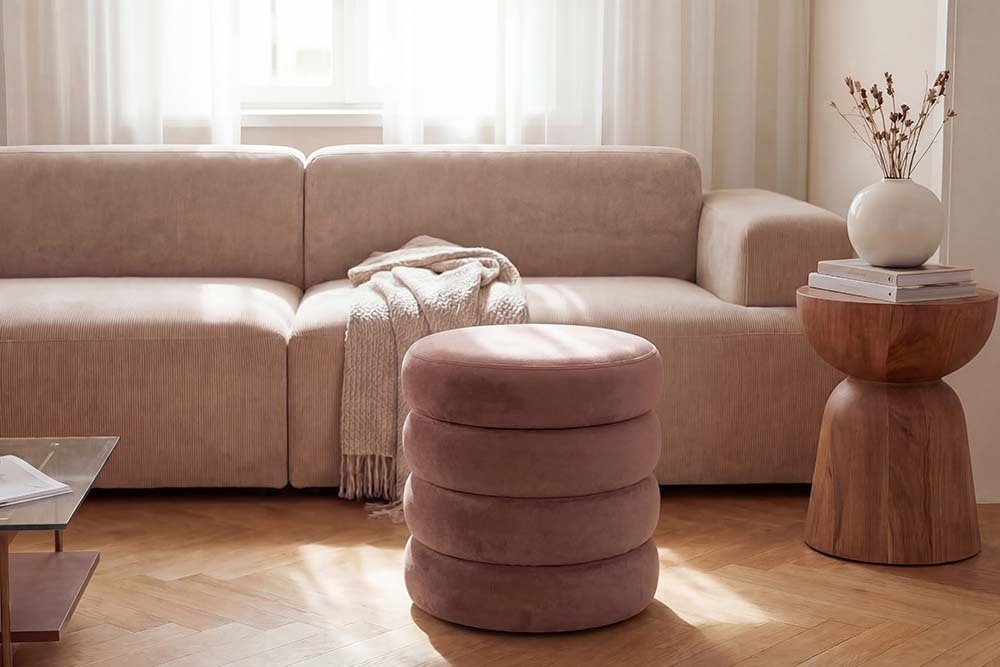 Runder Polsterhocker VOGUE 40cm rosé Samt mit Stauraum