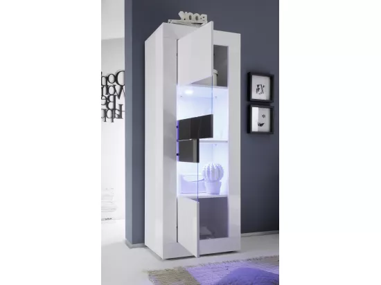 Vitrine à LED 2 portes bois laqué blanc brillant Assic