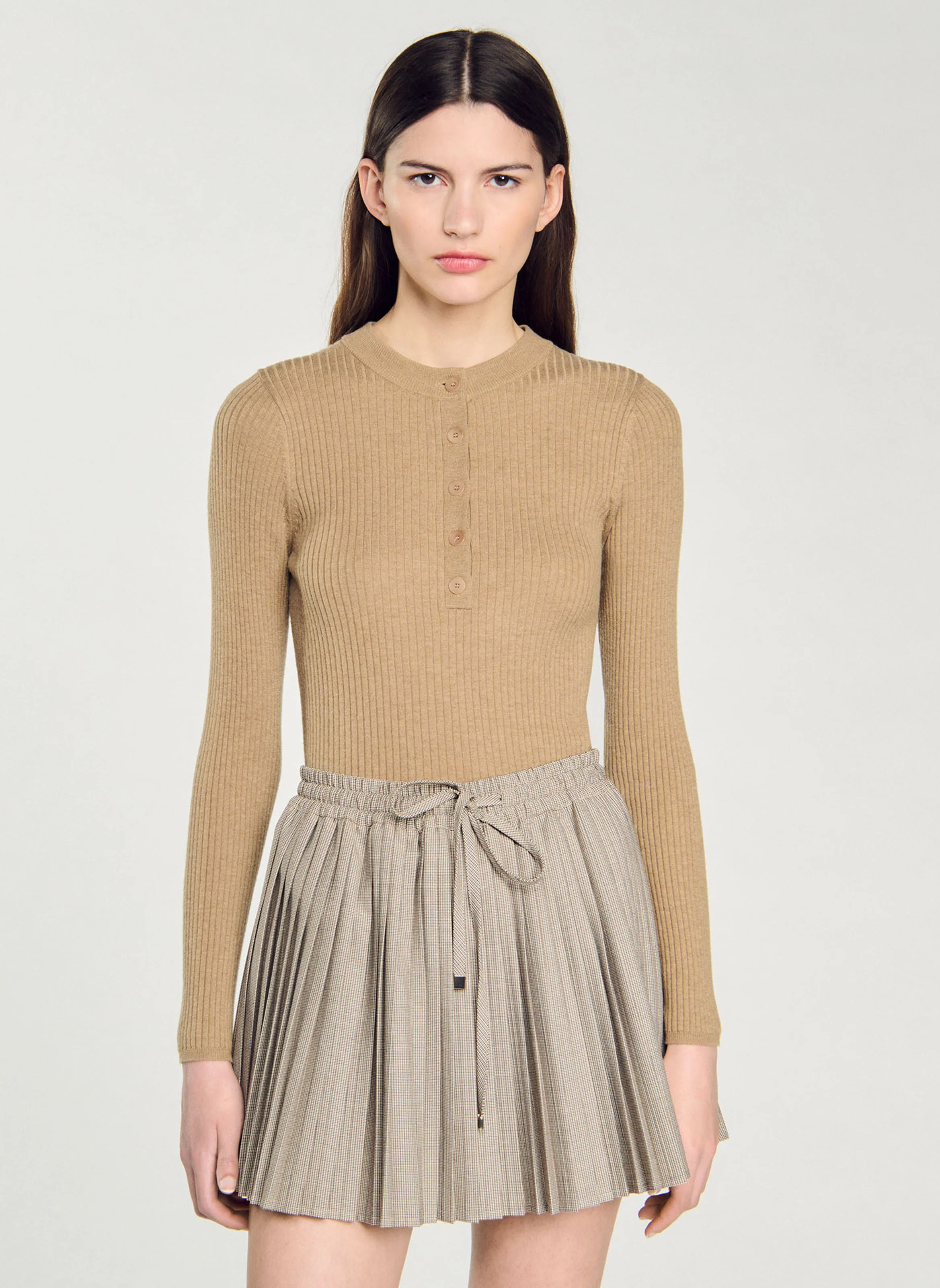 Pull col rond en maille côtelée | Kaki