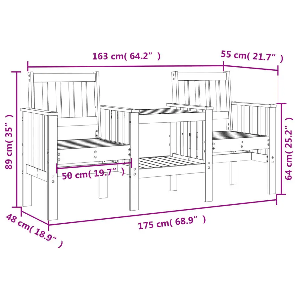 vidaXL - Tuinbank 2-zits - Bruin - Grenenhout - Met tafel