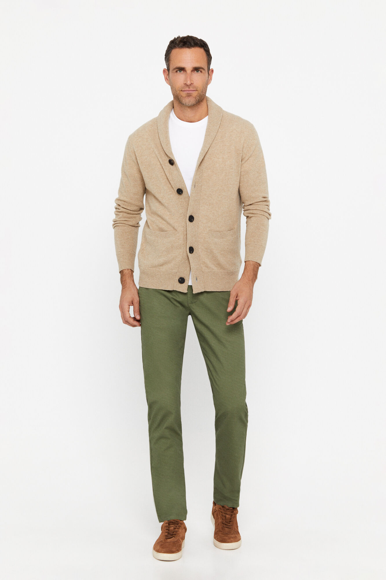 Calça chino estampada de corte justo - Cáqui