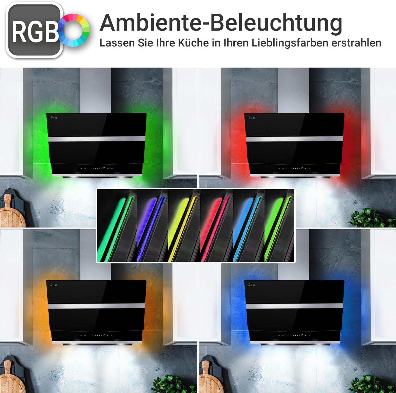 KKT KOLBE A+++ Dunstabzugshaube 60 cm 782 cbm/h Kopffreie Wandhaube Edelstahl schwarzes Glas WLAN RGBW-LED-Beleuchtung SensorTouch Bedienung HERMES6005SM