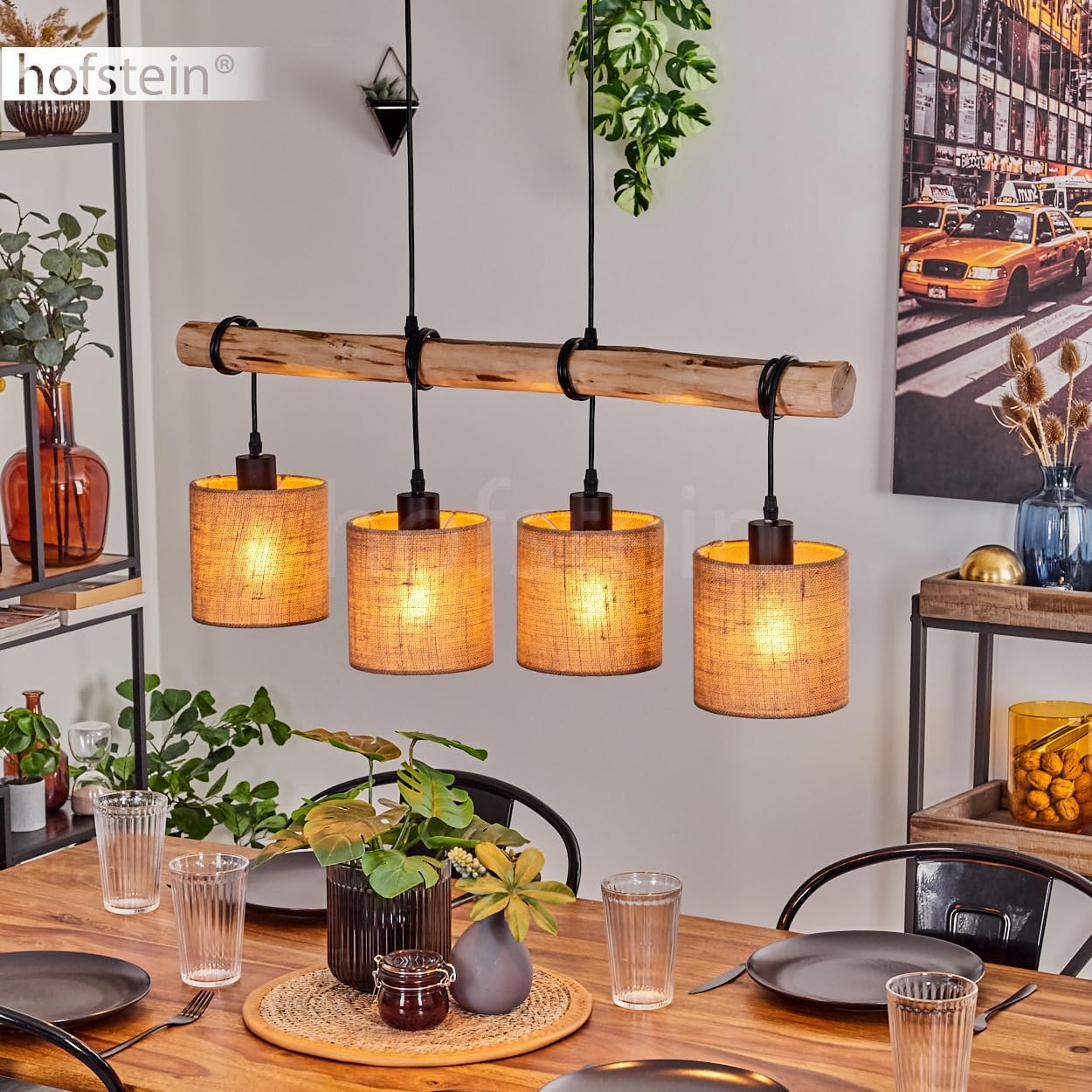 HOFSTEIN Pendelleuchte Soungou, moderne Hängelampe aus Holz/Metall/Leinen in Natur/Schwarz/Beige, 4-flammige Hängeleuchte im skandinavischen Design, Höhe max. 180 cm, E27, Wohnzimmer, Esszimmer, Küche