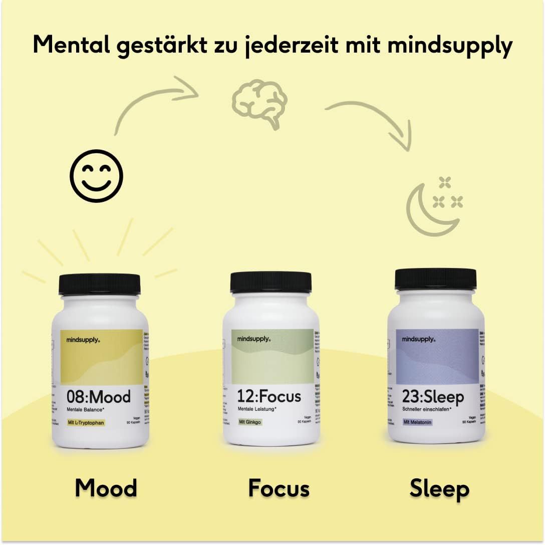 mindsupply MOOD - Anti-Stress Kapseln mit L-Tryptophan, Coenzym Q10, Vitamin D und Rosenwurz