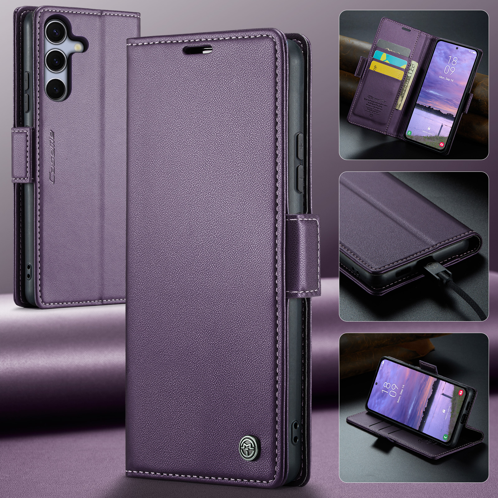 Samsung Galaxy S25 FE Leder Tasche Flip Wallet Etui mit Kartenfächern Litchi Look (RFID Schutz) - Lila