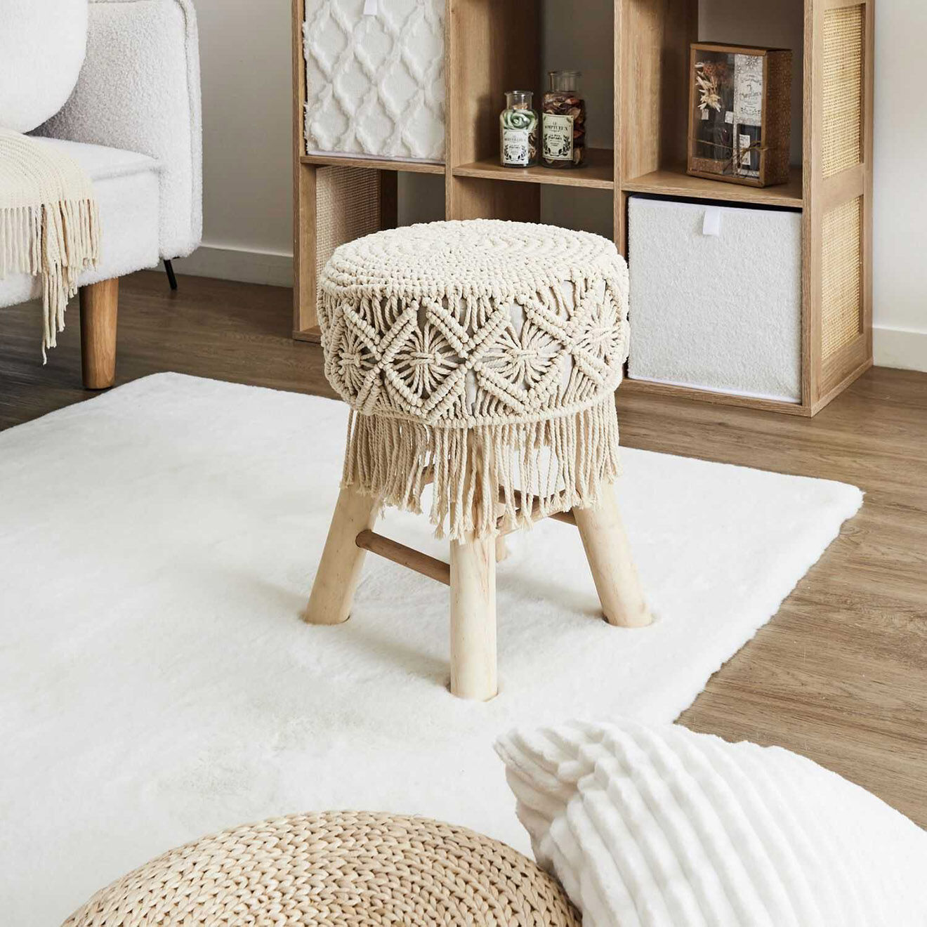 Home Deco Factory Tabouret Boho beige/marron - 32x42x32 cm
