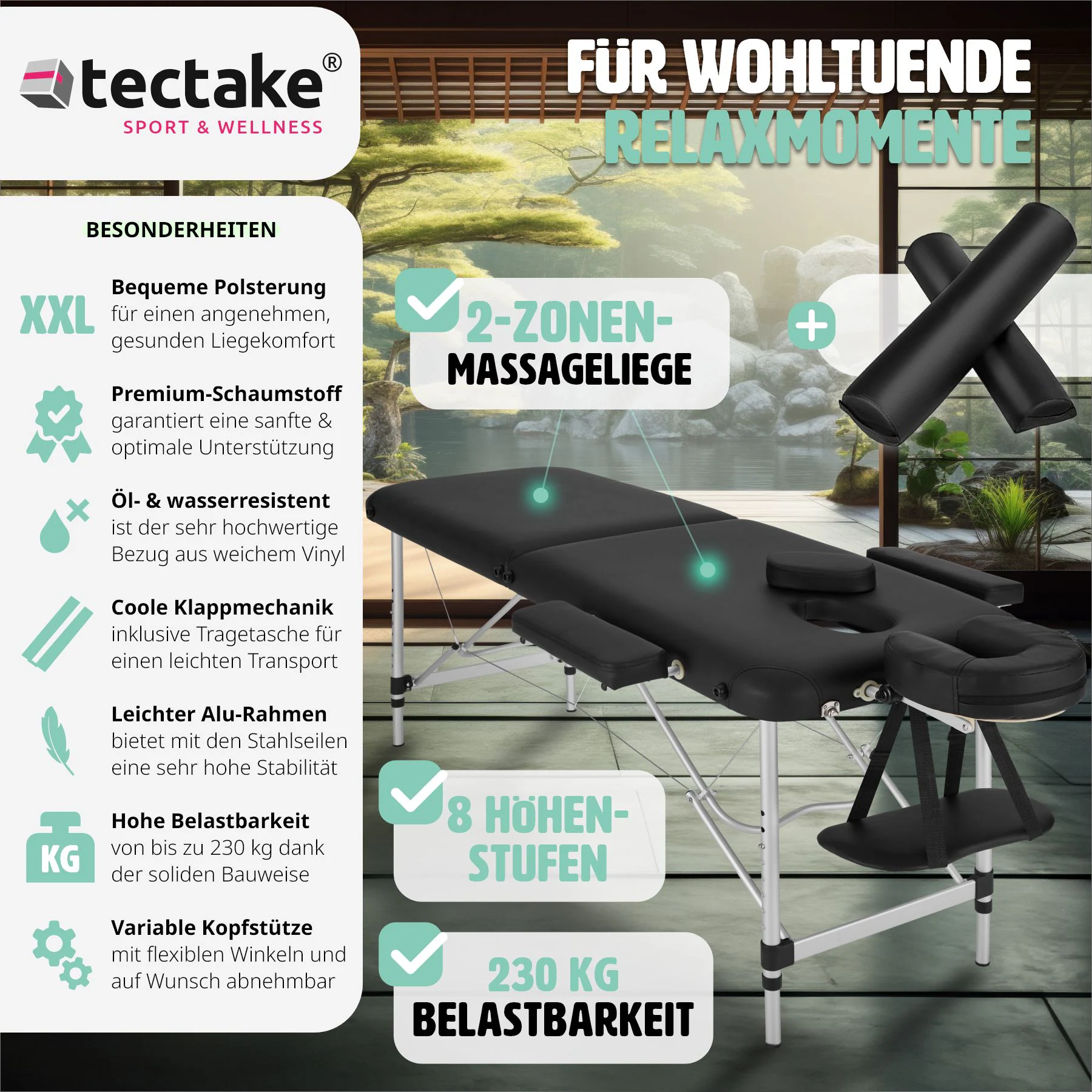 tectake® 2 Zonen Massageliege, inklusive Lagerungsrollen und Tragetasche, klappbar und höhenverstellbar, 210 x 95 x 63 - 89 cm