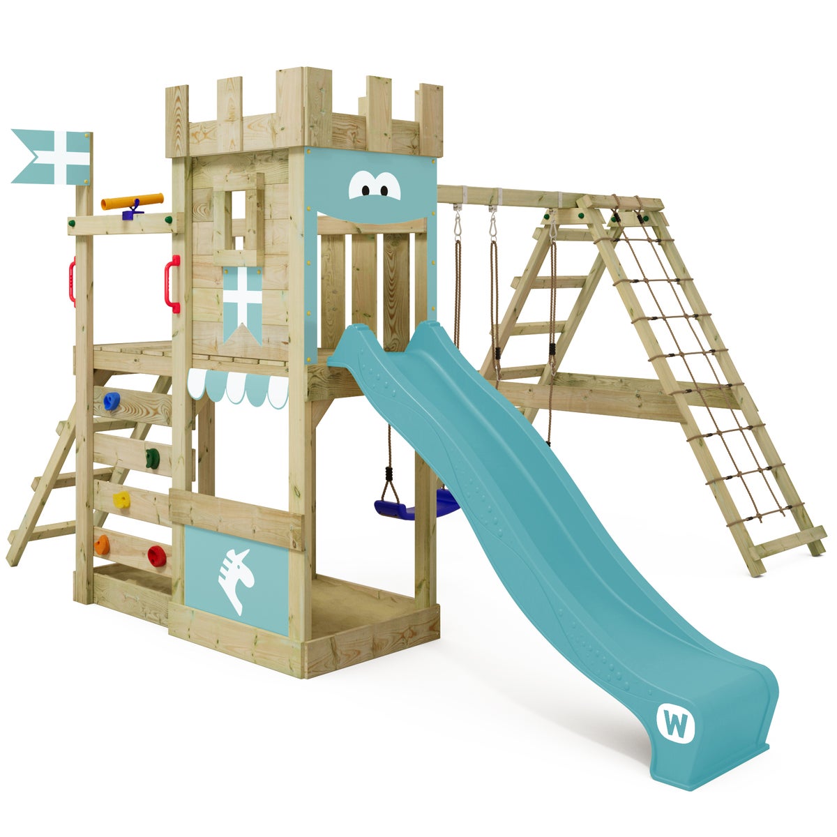 WICKEY DragonFlyer Castle Speeltoren met Schommel en Glijbaan, Speelhuis met Zandbak, Klimladder en Speelaccessoires – Pastelblauw