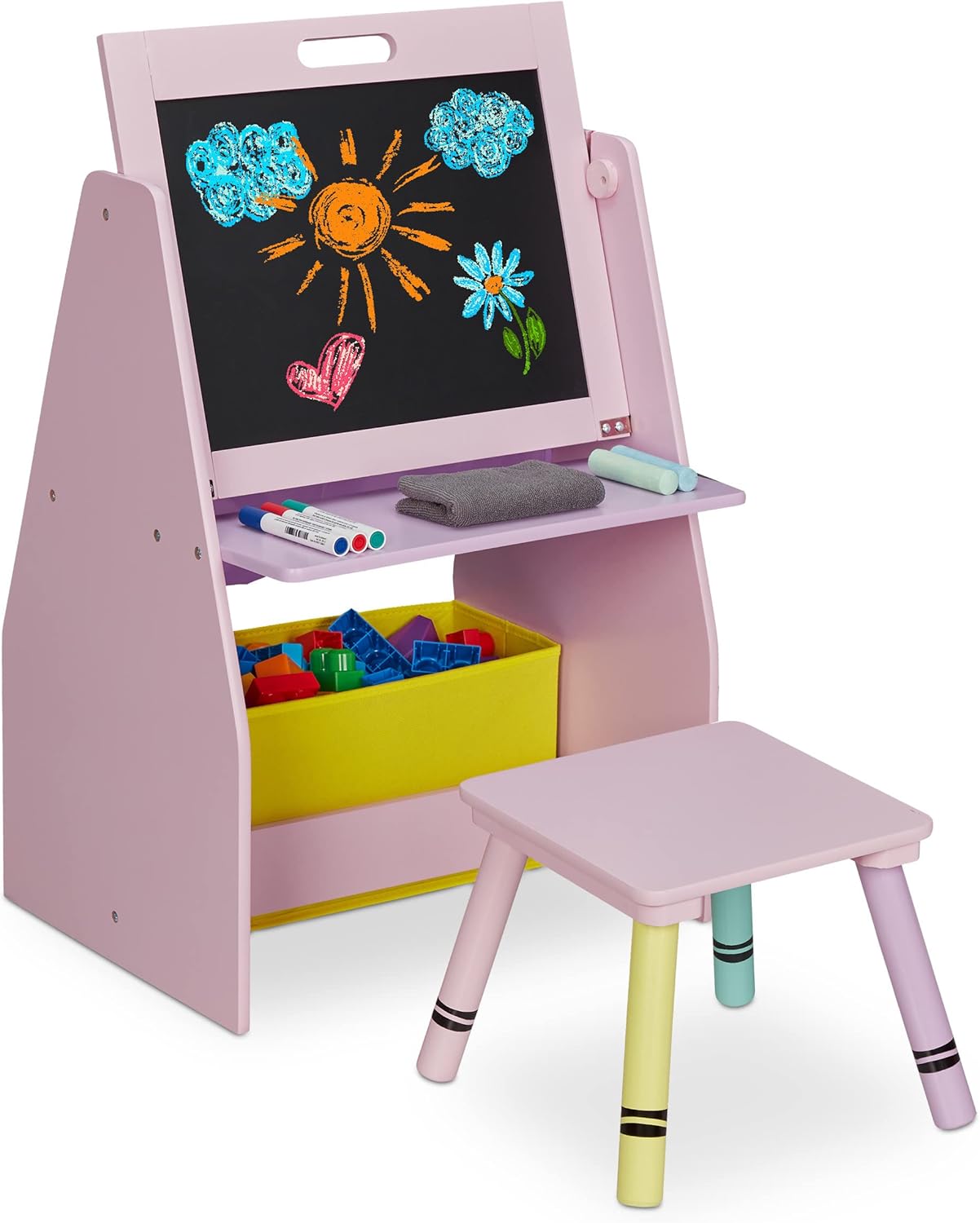 Relaxdays Kinderregal mit Tafel, Spielzeugregal mit 2 Fächern & Stoffbox, HBT: 84x52x45 cm, Spieltafel mit Hocker, rosa