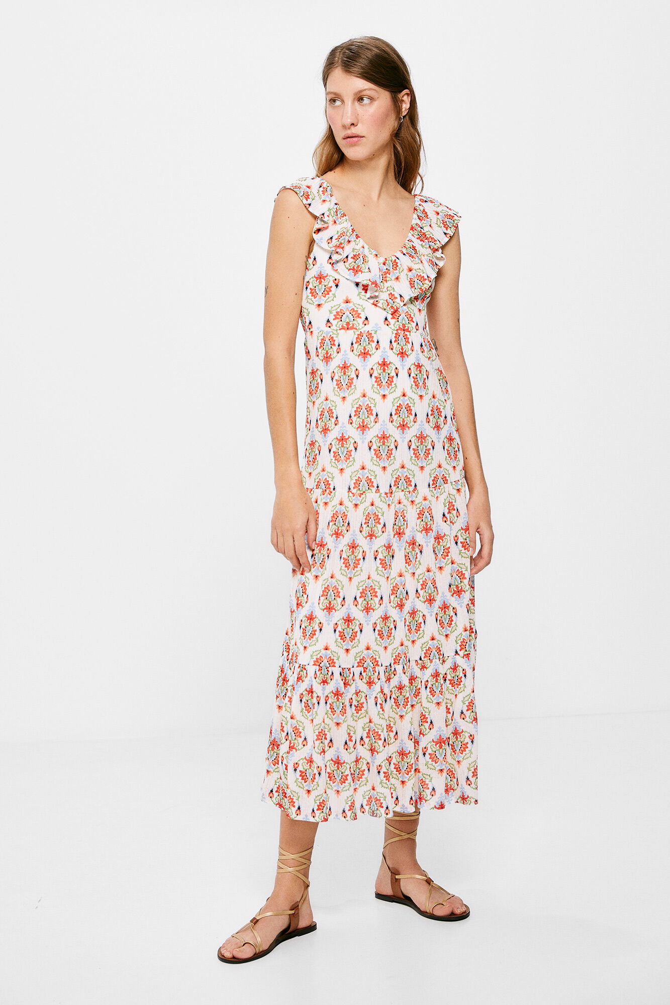Vestido midi com painel estampado - Amarelo