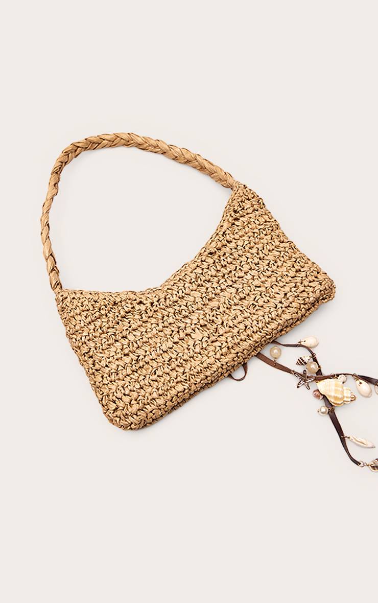 Naturel Sac À Bandoulière En Raphia Avec Ornement De Coquillage