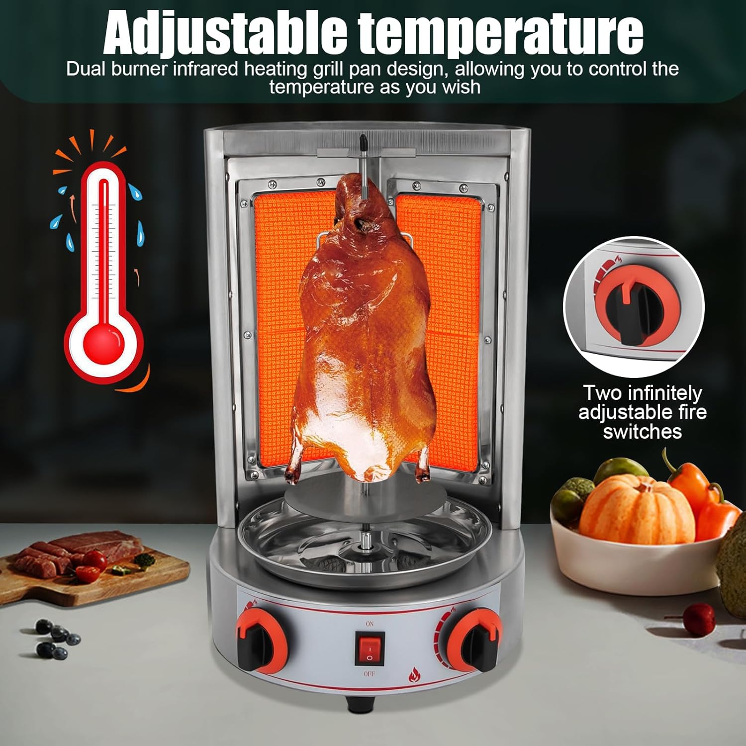 4.3KW Dönergrill, Vertikaler aus Edelstahl für Döner, Dönergrill für Gas Zuhause, Drehspieß Rotissiere Hähnchengrill, bis Gewichtskapazität 8kg Schaschlik-Grill für Schwein, Huhn und Hackbraten