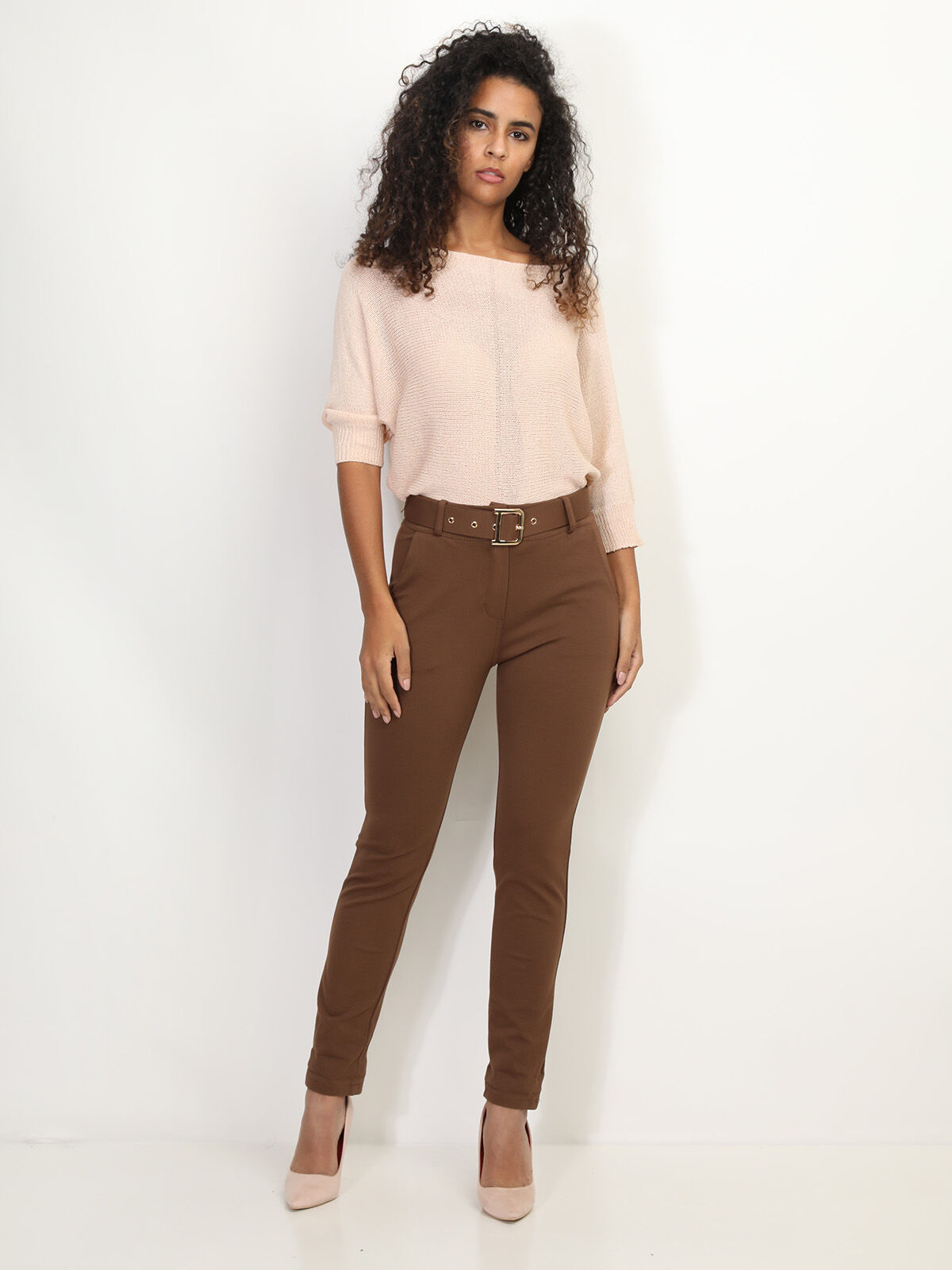 Pantalon classique à ceinture- Marron