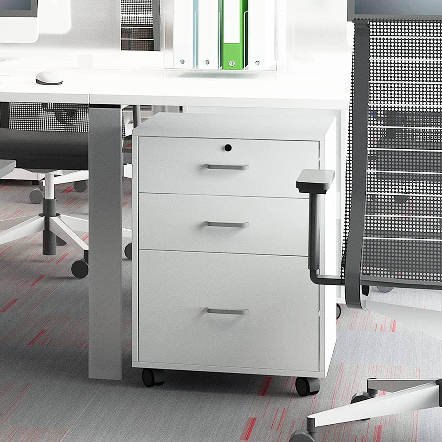 DlandHome Rollcontainer Weiß mit 3 Schubladen für Schreibtisch, Aktenschränke, Mobilen 65cm H für A4, Rollcontainer aus Holz mit Schubladen, FC04 ME8353644