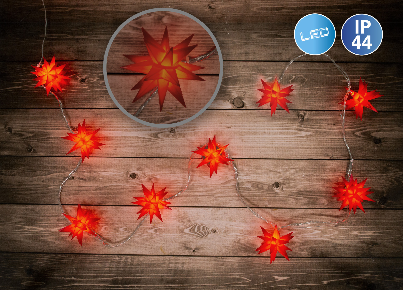 9er-LED-Weihnachtslichterkette - rot - 3D Sterne