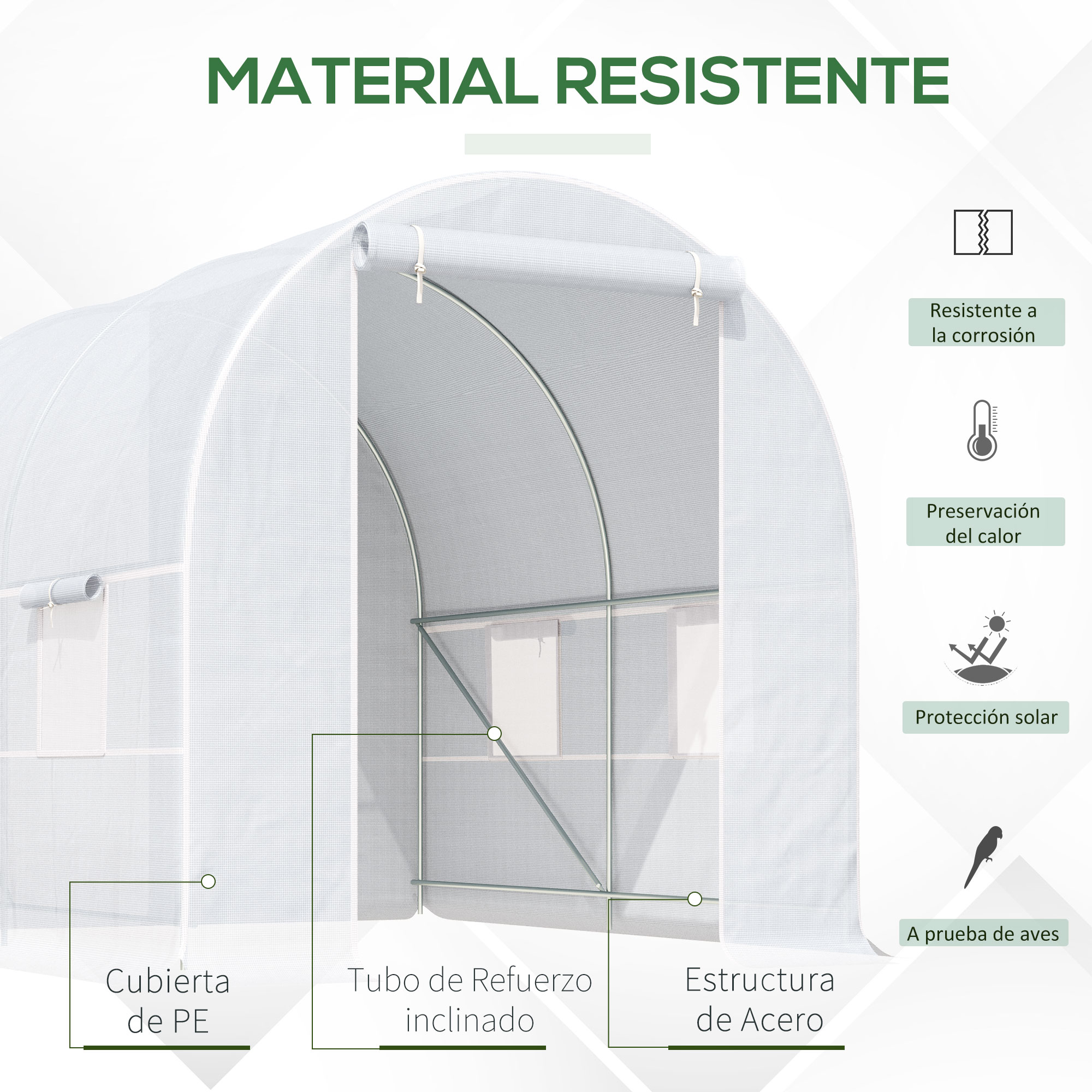 Estufa Túnel Outsunny 245x200x200 cm para Jardim com Porta de Enrolar e Múltiplas Janelas, Cobertura em PE 140 g/m² com Proteção UV, Estrutura Metálica para Cultivo de Plantas e Hortaliças, Branca