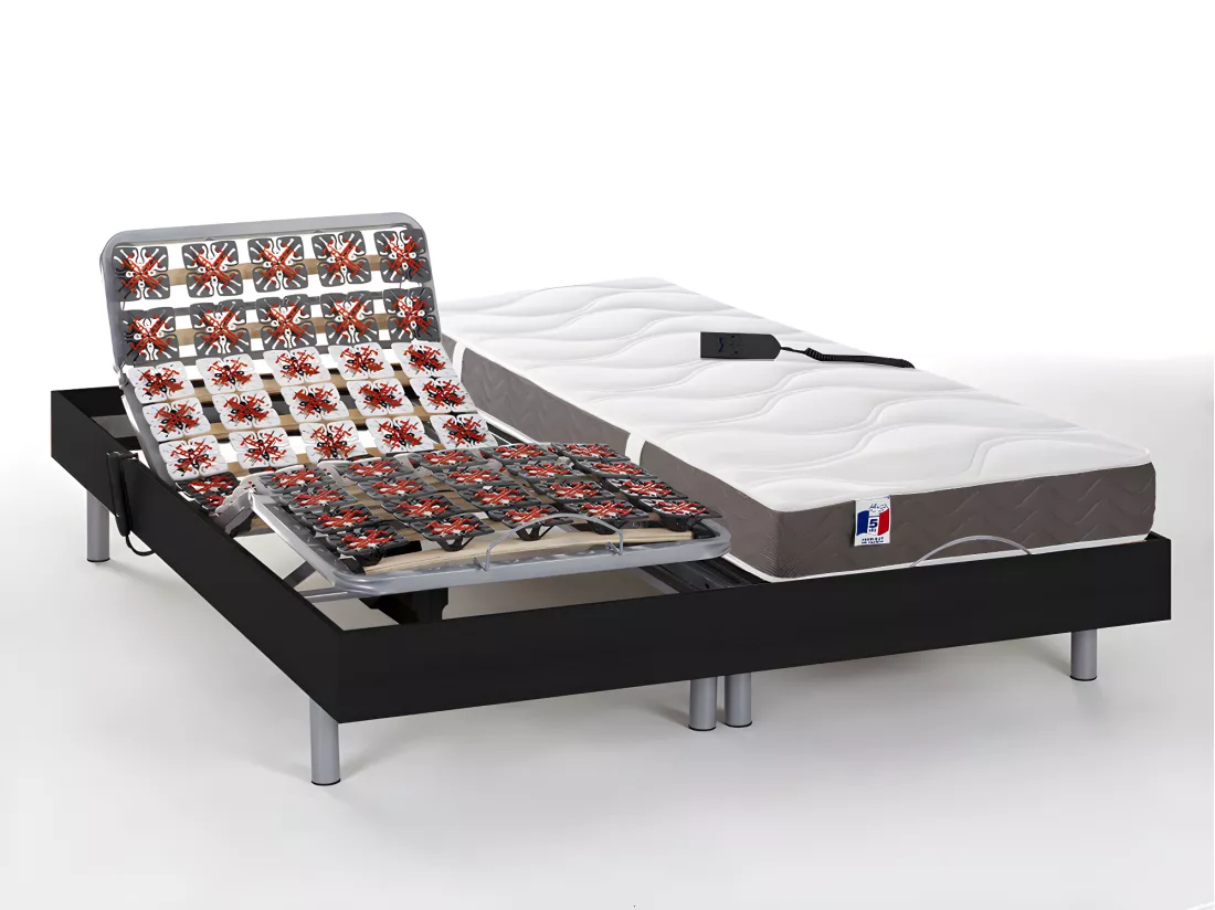 Lit électrique de relaxation tout plots + matelas 100% latex 3 zones - 2 x 80 x 200 cm - Noir - JUPITER de YSMÉE