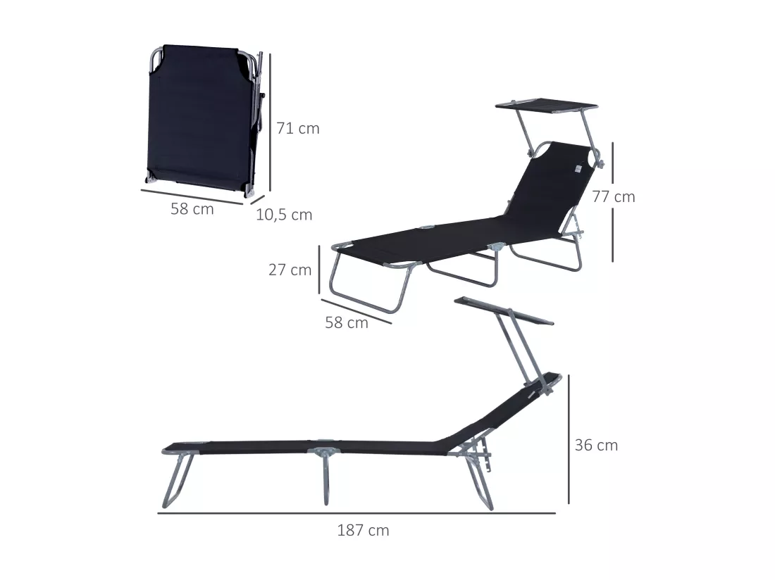 Transat bain de soleil pliable grand confort dossier et pare-soleil réglable multi-positions noir