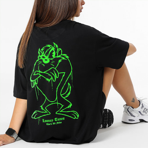 Tee Shirt Oversize Large Femme Angry Taz Noir Vert Fluo