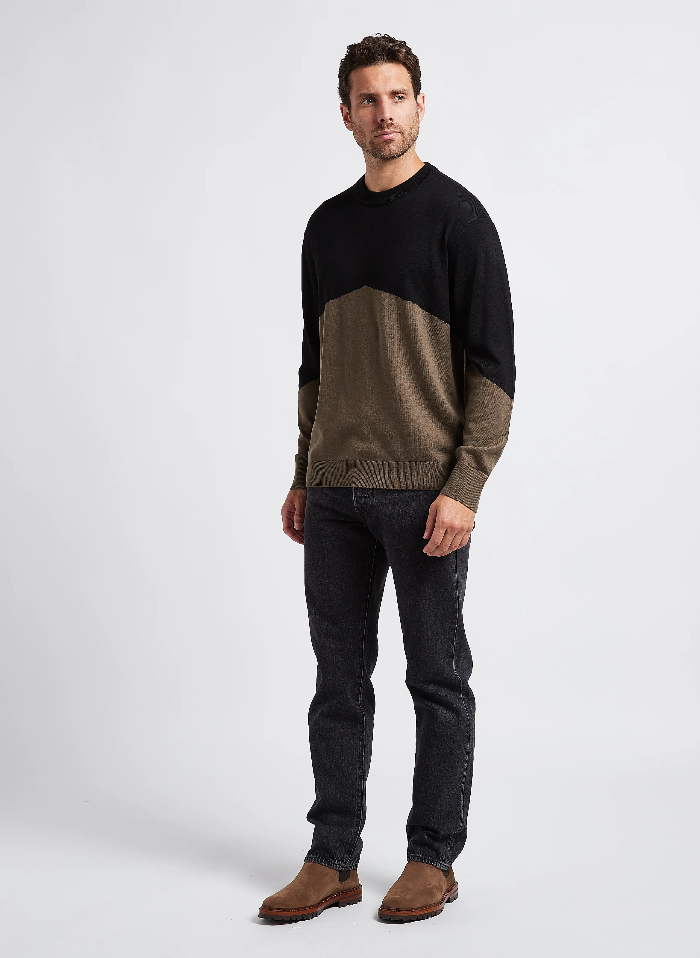 Pull col rond graphique en laine mélangé| Noir