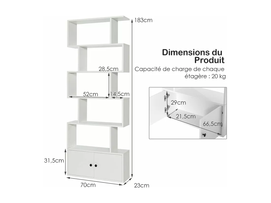 Bibliothèque à 6 niveaux avec 2 portes-70 x 23 x 183 cm-étagère de rangement en bois forme en S, Blanc