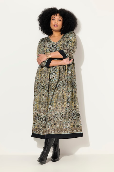 Jerseykleid, Paisley, A-Linie, Tunika-Ausschnitt, 3/4-Arm