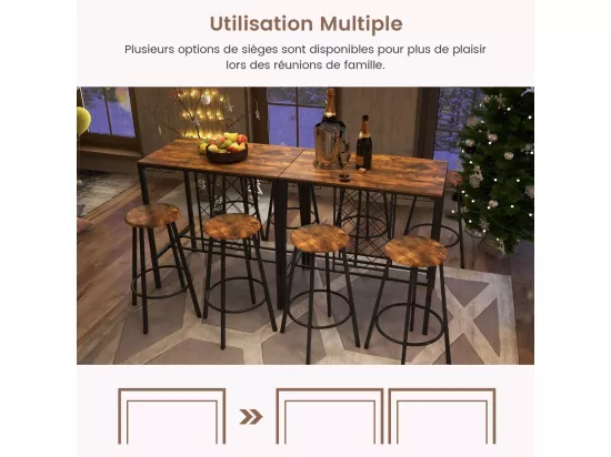Table haute cuisine avec 4 tabourets,porte-verre et casier à bouteilles, cuisine