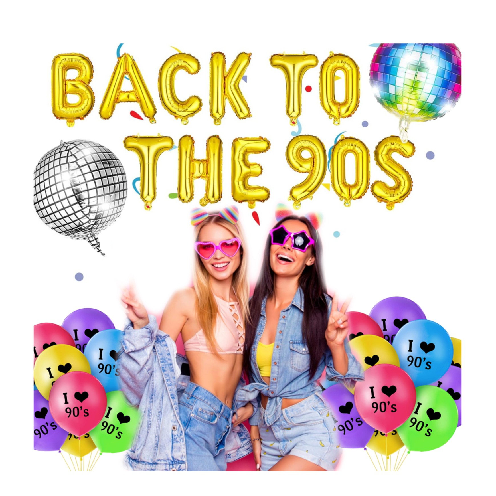 (23-tlg. Set) Back To The 90s Latex- und Folienballons Discokugel Luftballon Party Deko - 90er Jahre