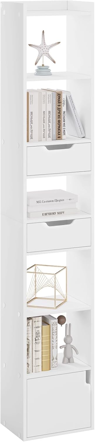 WOLTU Bücherregal Bücherschrank Standregal Aufbewahrungsregal Büroregal, mit 6 Ablagen 2 Schubladen 1 Tür, aus Holzwerkstoff, für Wohnzimmer Schlafzimmer Büro, Weiß, SK042ws