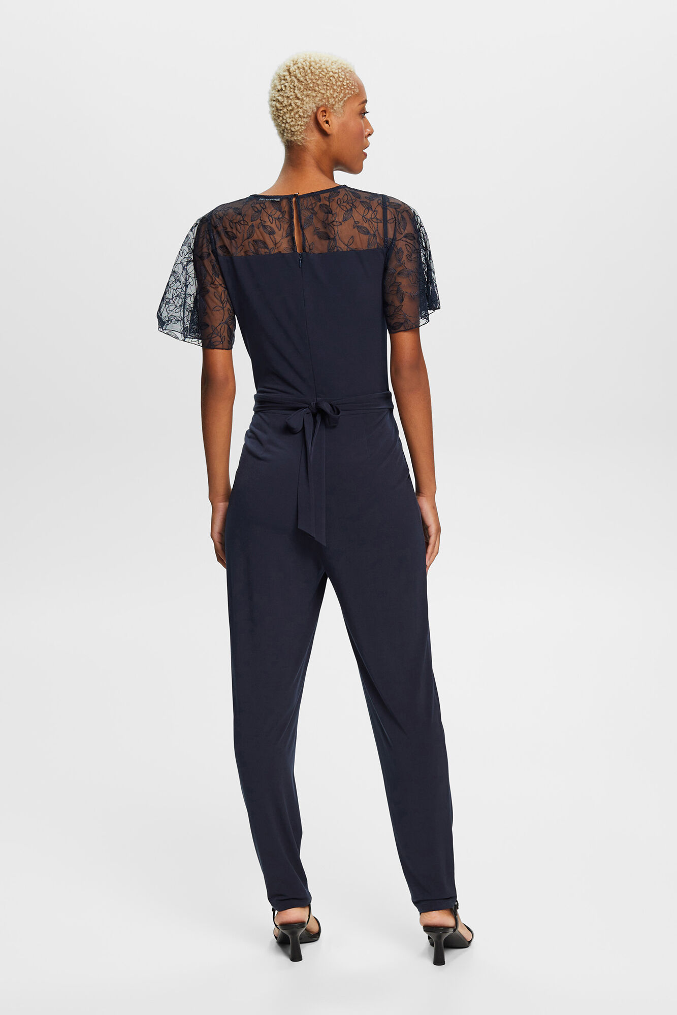 Camisola longa de renda floral com elastano - Azul Marinho