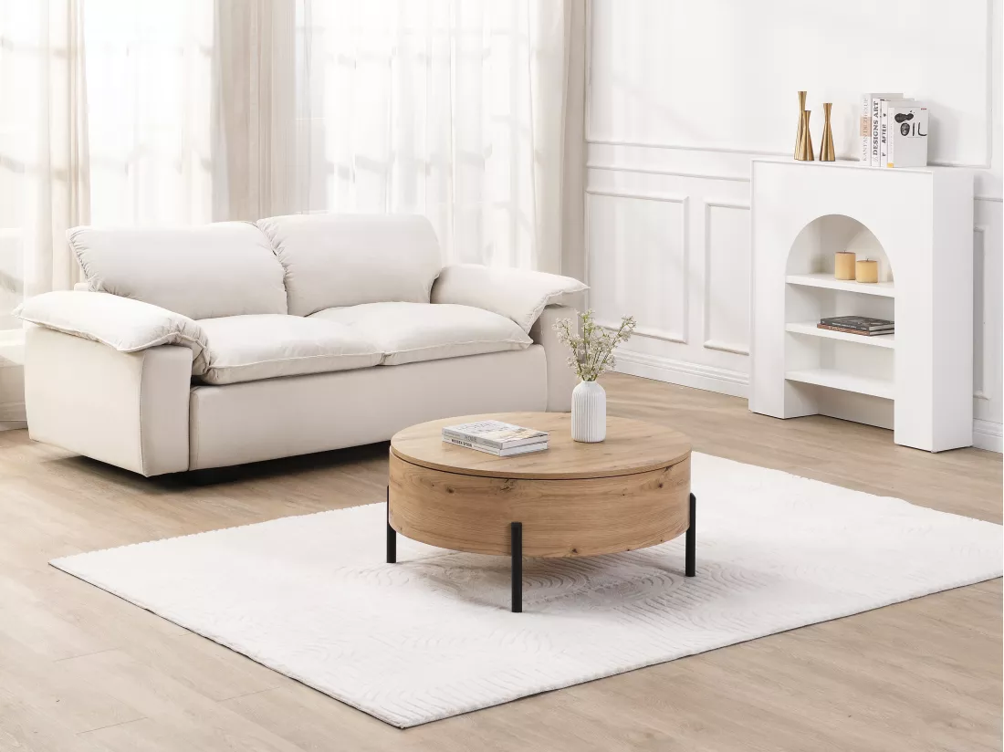 Table basse avec plateau pivotant et coffre de rangement en MDF - Naturel - YEMELIA