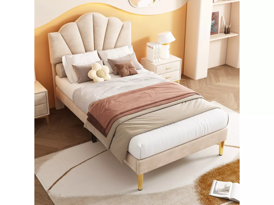 Lit 90x200cm en velours - tête de lit en forme de coquille - Beige
