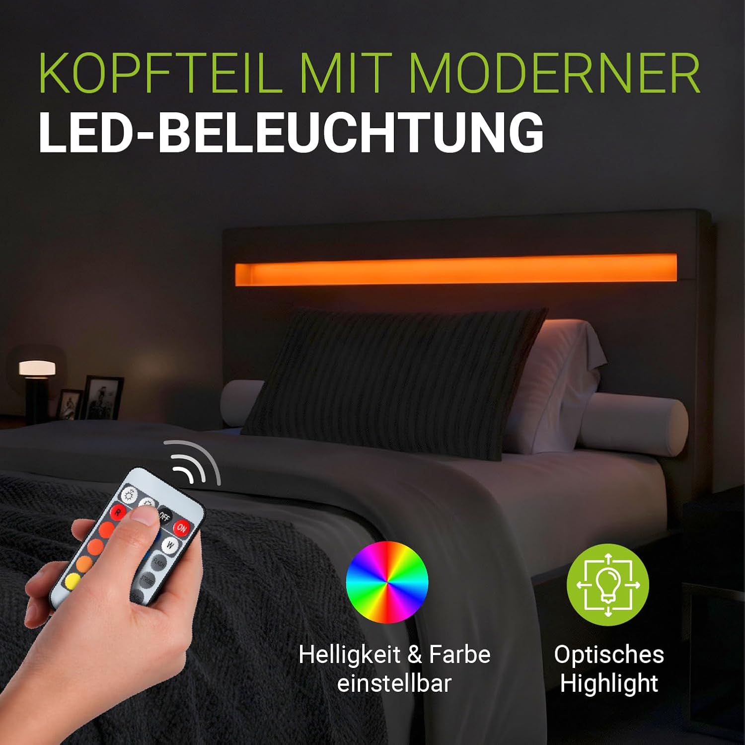 Juskys Polsterbett Paris 90x200 cm mit LED-Beleuchtung, Lattenrost & Kopfteil, Bett mit Gestell aus Holz & Kunstleder Bezug, schwarz