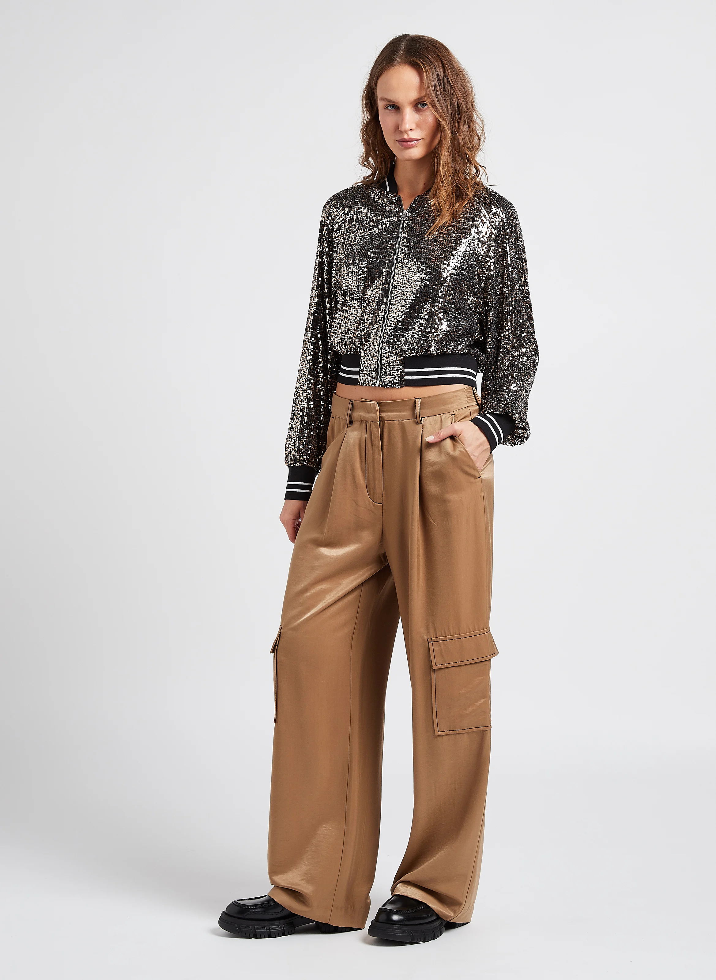 CILIE - Pantalon large satiné| Marron