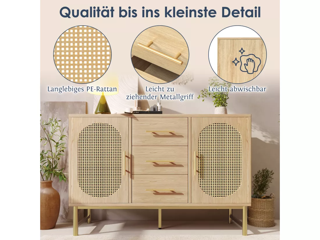 Buffet avec 3 tiroirs et 2 portes en rotin - 120 x 40 x 74 cm - Etagères réglables - Panneau de particules - Chêne
