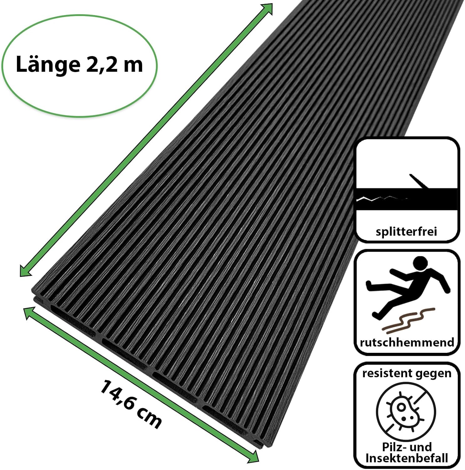 Montafox WPC Terrassendielen Dielen Komplettset Hohlkammerdiele Komplettbausatz Unterkonstruktion Clips, Größe (Fläche):12 m² 2.2m, Farbe:Anthrazit