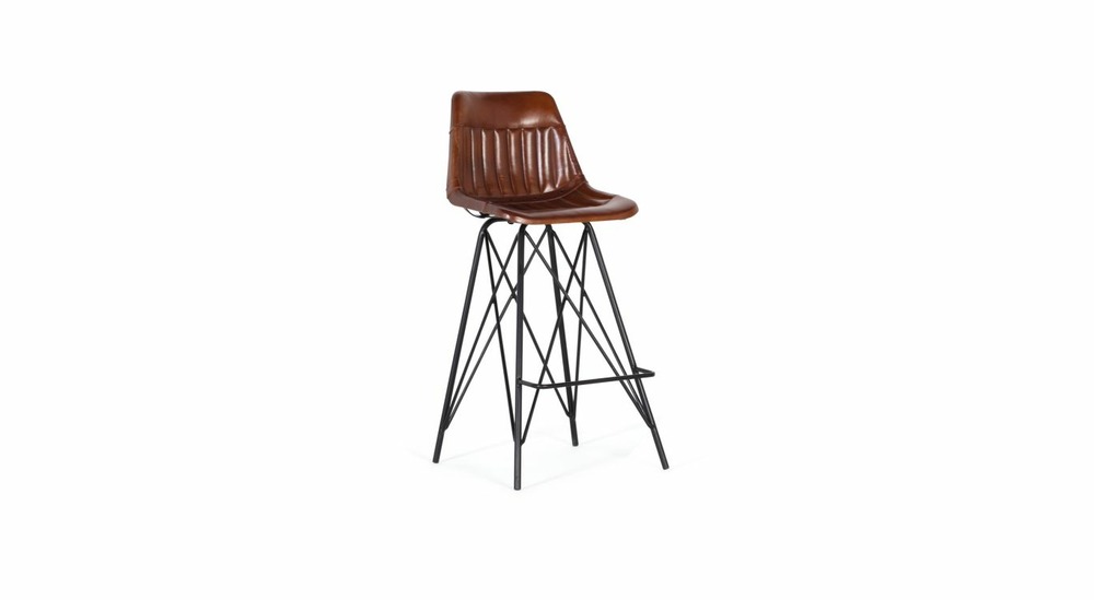 Chaise haute fer, cuir marron 48x48x100cm - fer-cuir