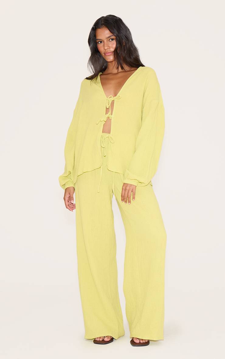 Chartreuse Pantalon Large À Texture Gaze De Coton