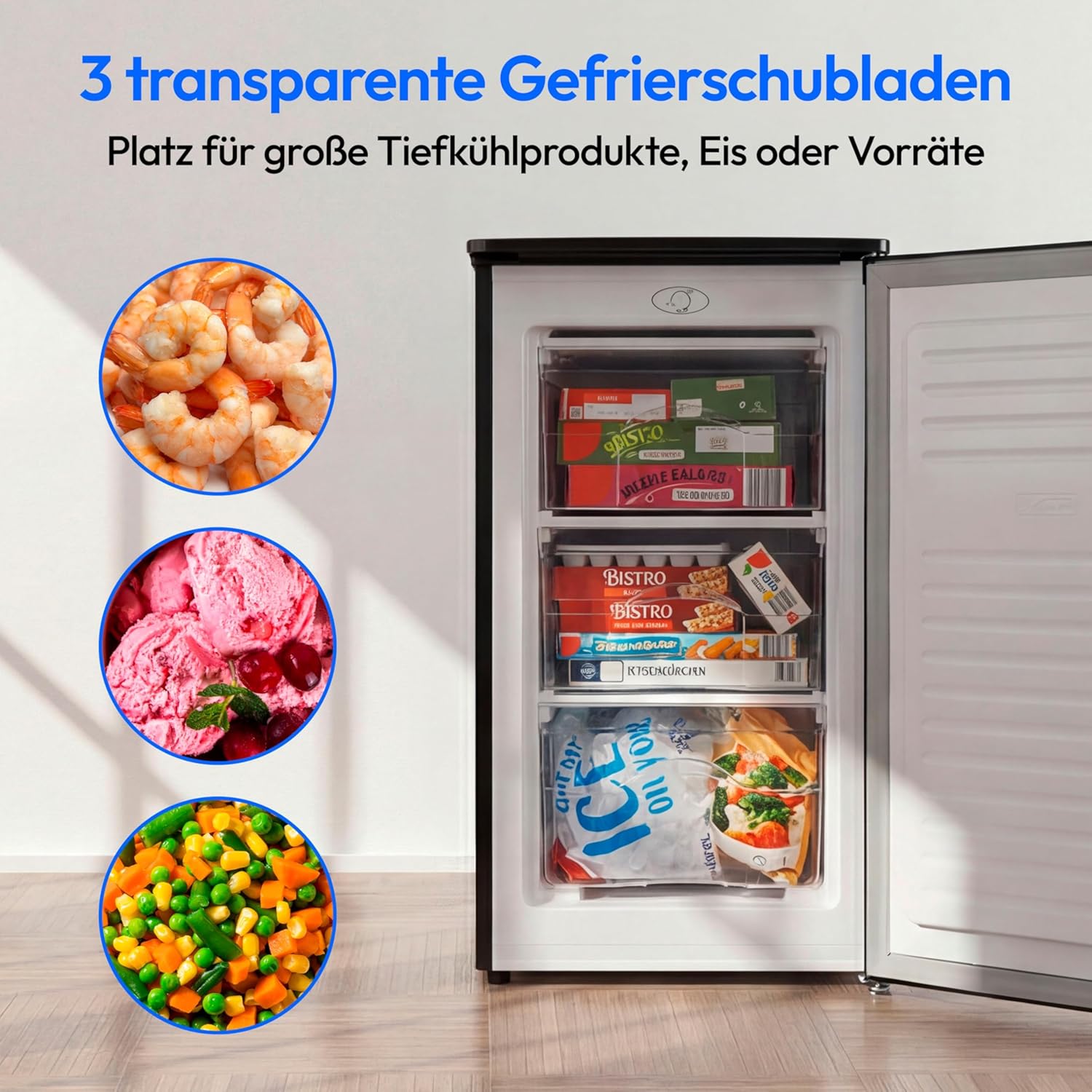 MEDION Gefrierschrank (64 Liter, 85cm hoch, 3 transparente Schubladen, Türanschlag wechselbar, MD37688) grau