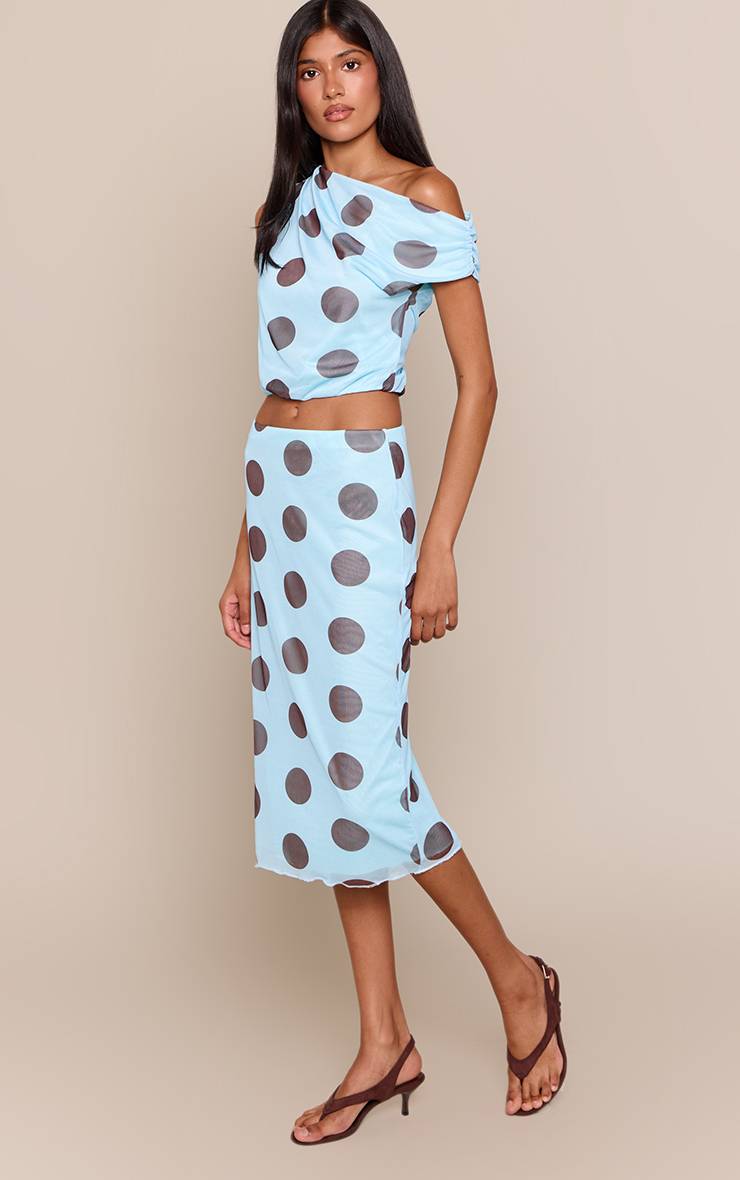 Bleu Aqua Jupe Mini Drapée En Mesh À Pois