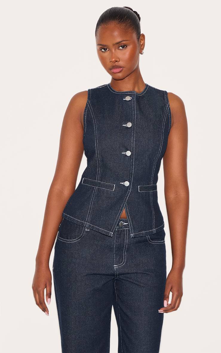 Raw Indigo Wash Gilet Long En Jean À Col Rond