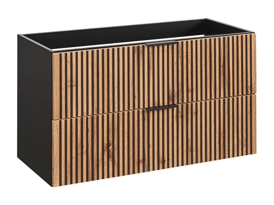 Meuble sous vasque suspendu strié - Naturel clair et noir - 80 cm - MADELA