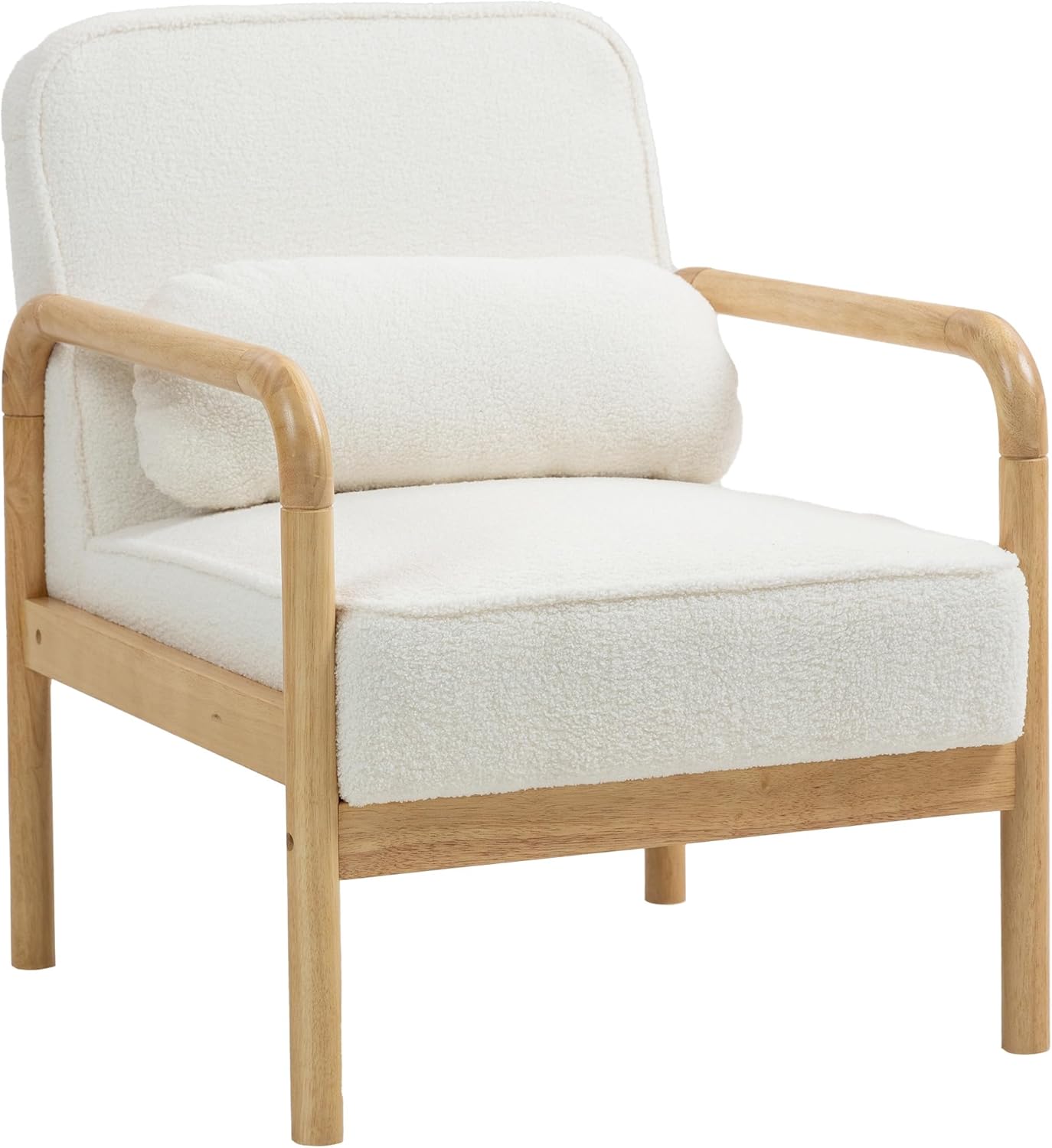 HOMCOM Sessel Wohnzimmer Loungesessel mit Armlehnen, Holzbeine, Großen und Dicken Sitz, Relaxsessel Lesesessel mit Wurfkissen, Bouclé-Optik, Polstersessel für Schlafzimmer Weiß