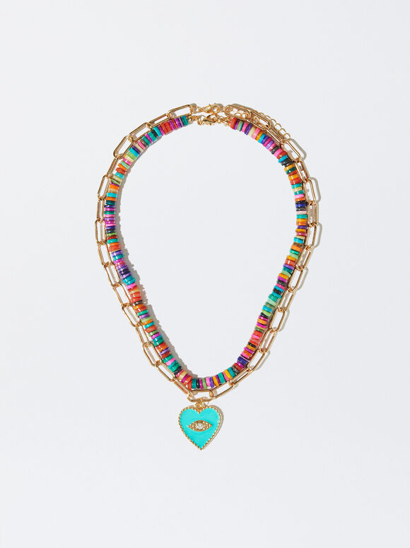 Conjunto de colares com concha e coração - Multicolorido