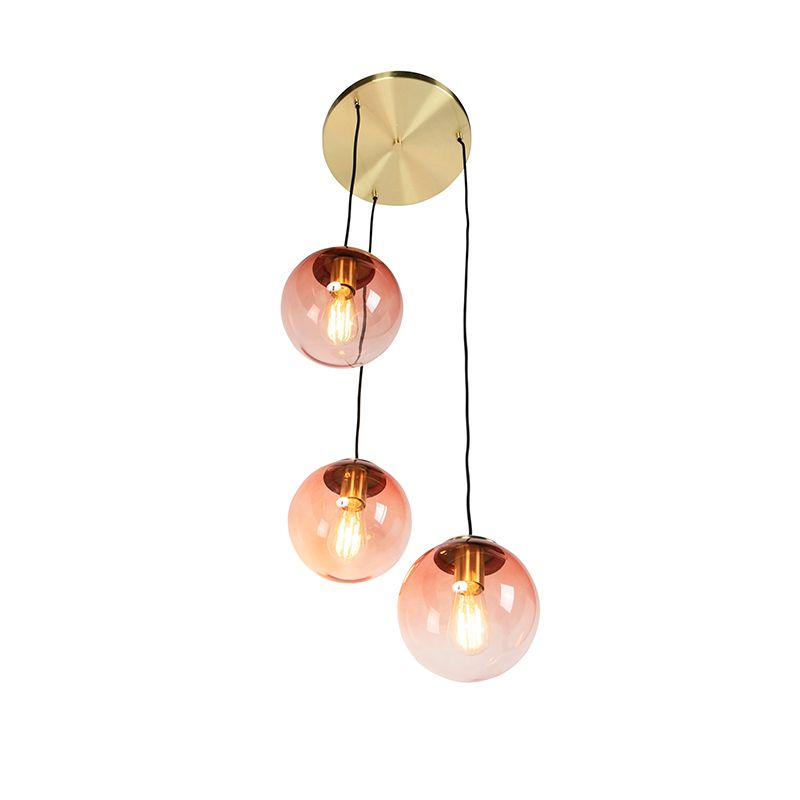 Art deco hanglamp messing 45 cm 3-lichts roze - Pallon