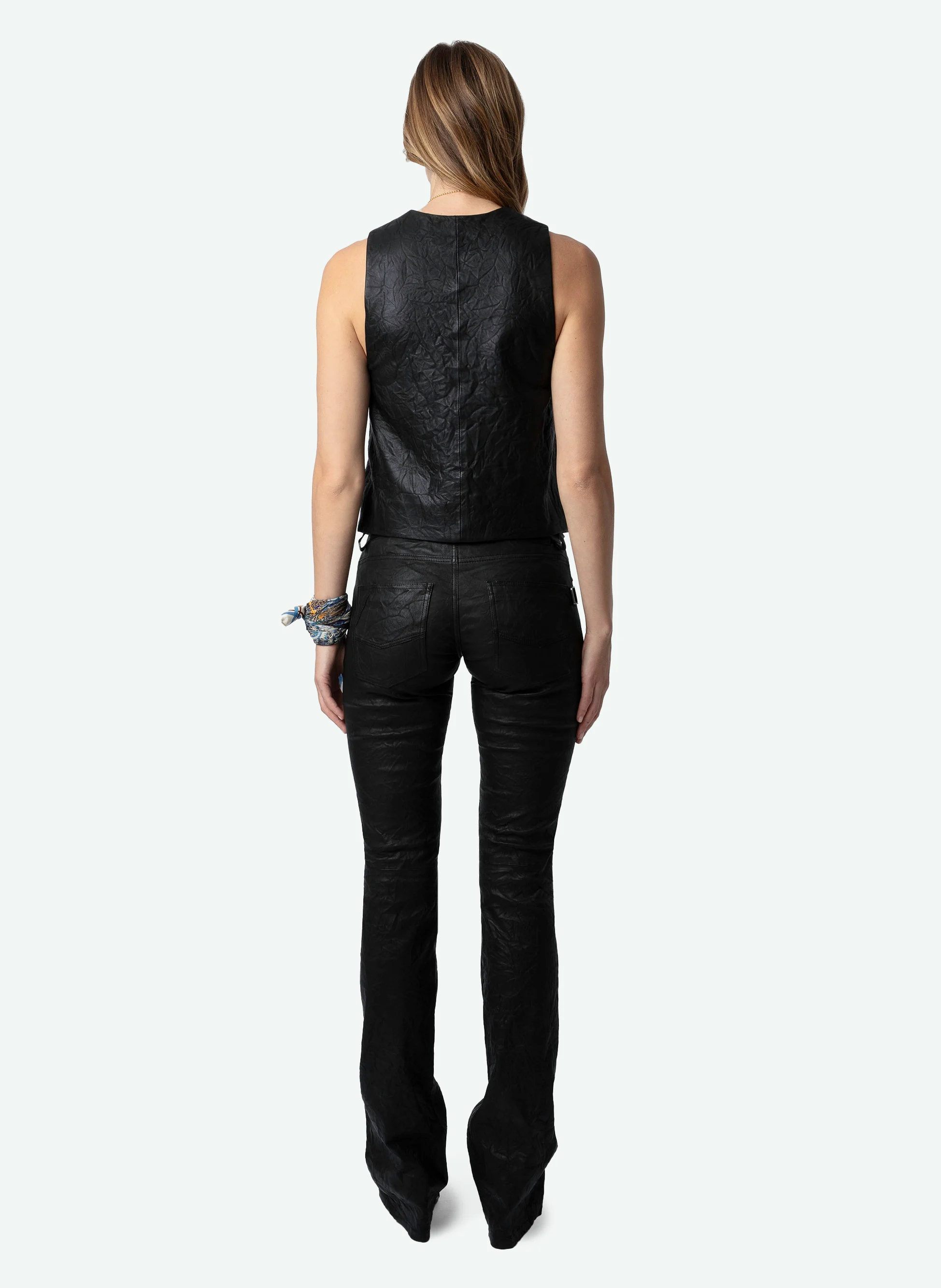 EMILIE - Gilet veston sans manches en cuir froissé | Noir