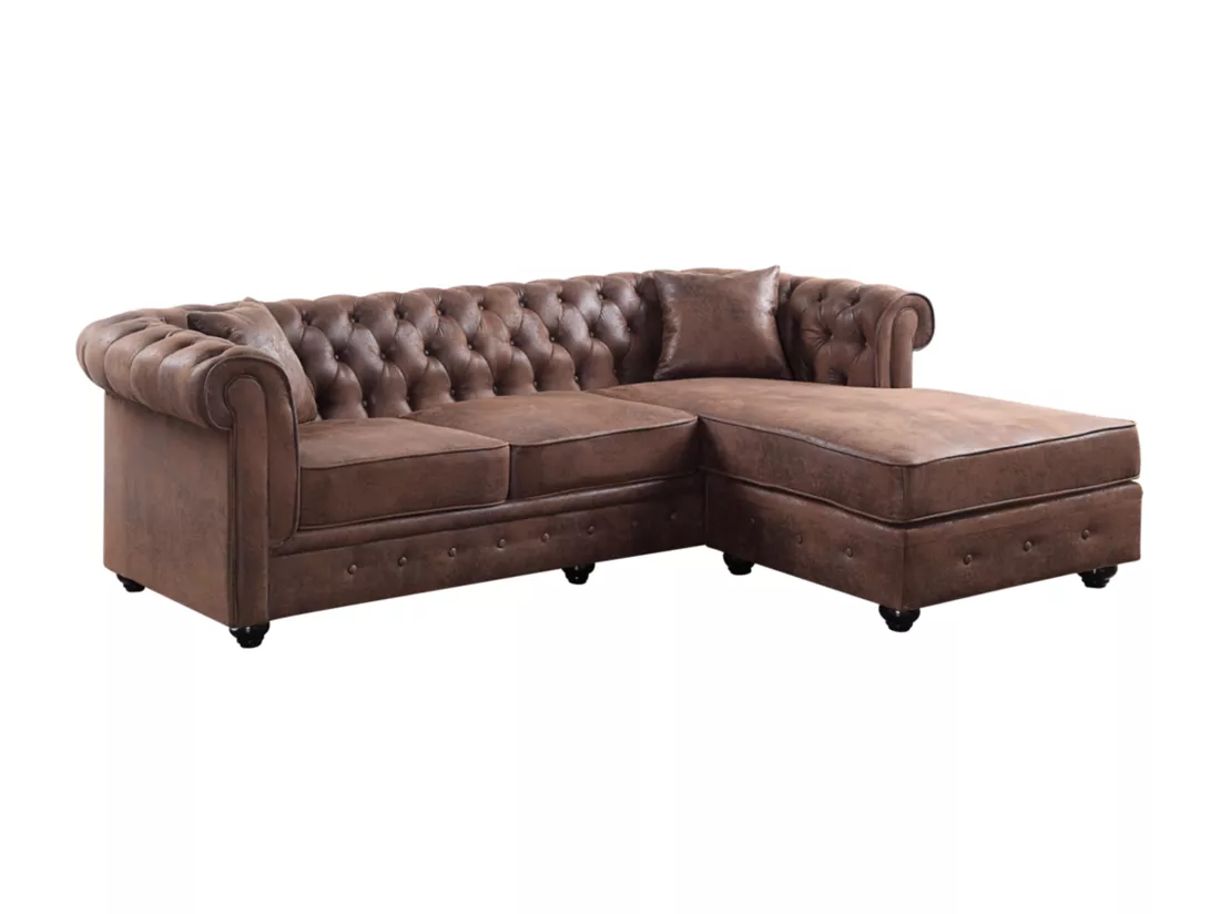 Canapé d'angle chesterfield réversible TOLEDO en microfibre vieillie - Marron
