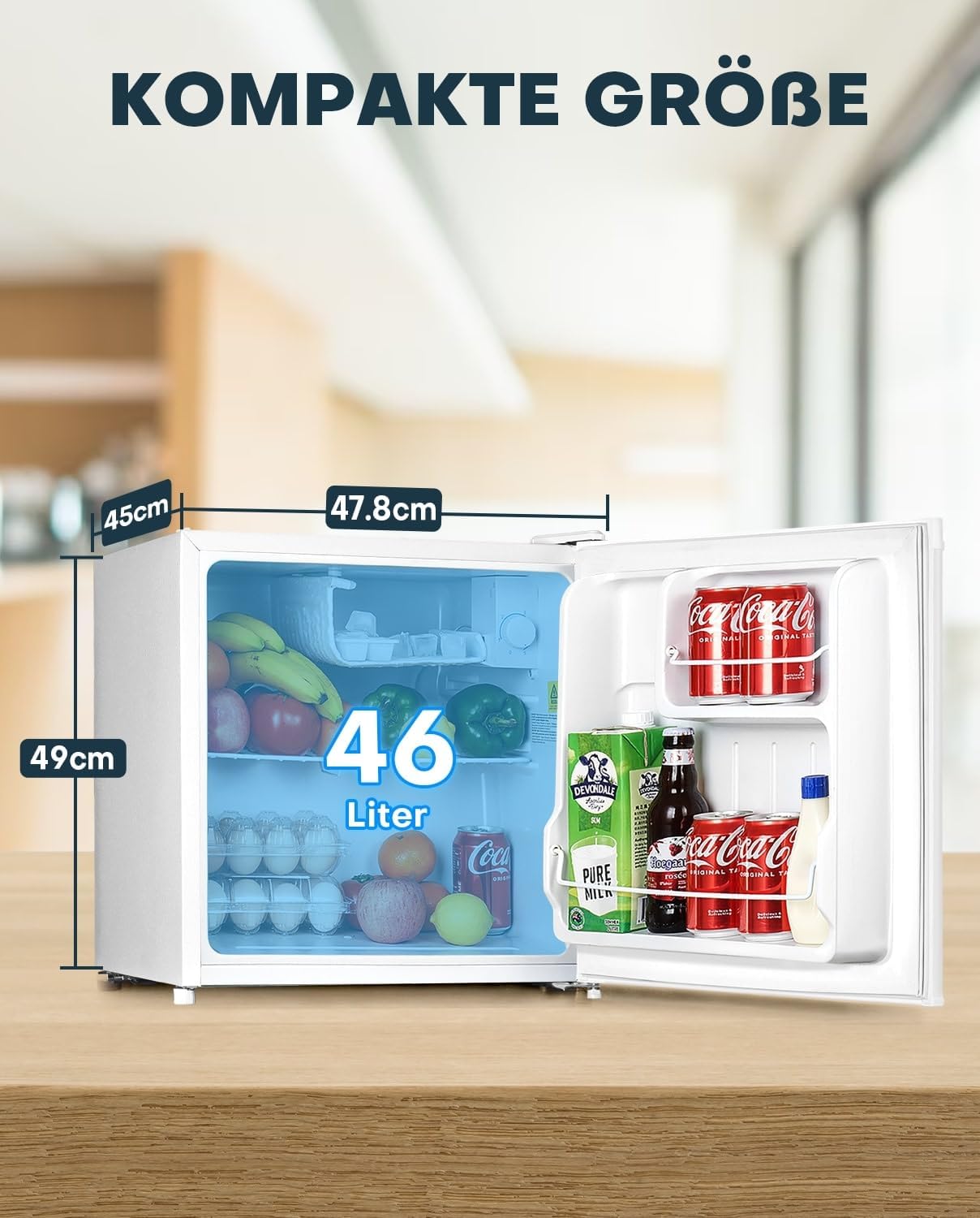 Upstreman 46L Mini-Kühlschrank mit Gefrierfach, einstellbarem Thermostat, energiesparend, geräuscharm, eintüriger Kompaktkühlschrank für Wohnheim, Büro, Schlafzimmer, Weiß-FR17