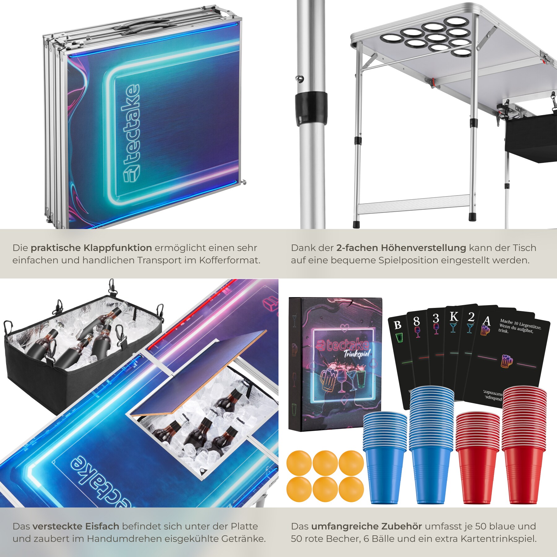 tectake® Bierpongtisch, aus Aluminium, mit Eisfach, Becherlöchern, LED-Beleuchtung, bodenschonende Kunststofffüße, inklusive 100 Bechern, 6 Bällen und Kartentrinkspiel